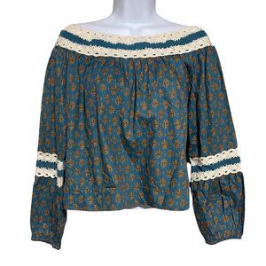 Luna Moon Crop Top Womens M Blue Gold Floral Print Crochet Trim Off Shoulder